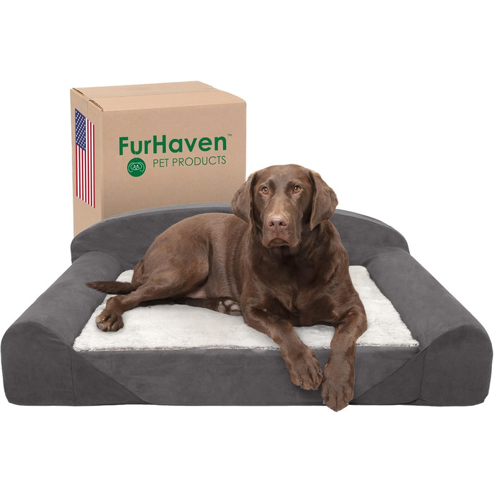 Ортопедичне собаче ліжко Furhaven для великих та середніх собак знімний, пральний чохол та двостороннє пінополіуретанове подушка, для собак до 34 кг – Luxury Edition з штучного хутра та замші – L 86 x B 107 x H 33 см, сірий колір (Luxury Edition з штучног