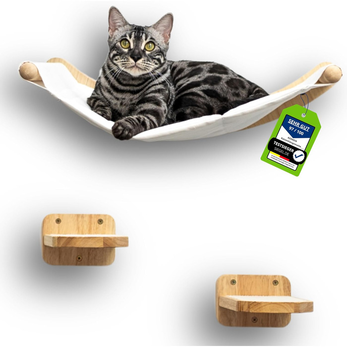 AZANO Стіна для лазіння для котів з гамаком XL, дерев'яна котяча полиця, котяча драбинка зі спальним місцем, три частини, надміцна конструкція