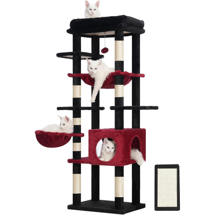 Котячий будиночок Hey-brother Kratzbaum: багатоярусний, 145 см, з лежаком, гамаком та кошиком (червоно-чорний)