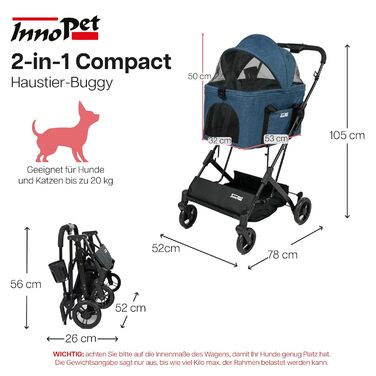 Візок для собак та котів Innopet 2-в-1 - компактний, складаний, з переноскою та підставкою для авто - до 20 кг