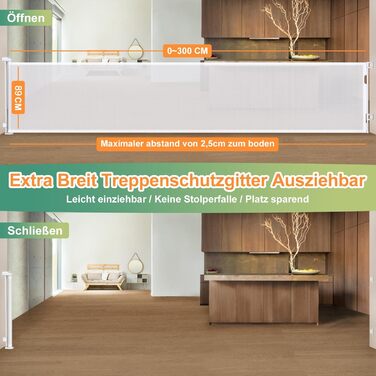 Розсувна захисна сітка для дитини та собаки, 400 см, біла. Захист для сходів/коридору/інтер'єру/екстер'єру. Висота 105 см, ширина 300 см.