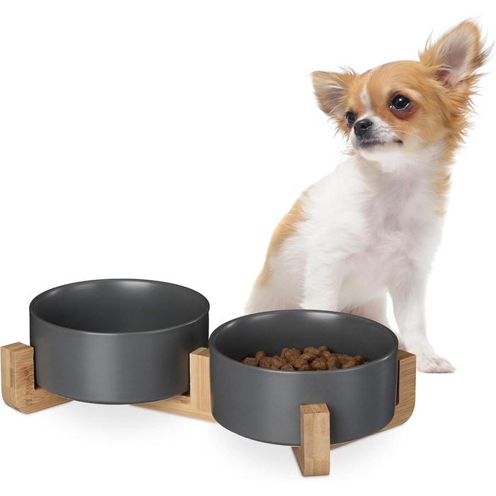 Миска для собак Relaxdays, кераміка, 850 мл, корм та вода, бамбуковий каркас, білий колір, 9 x 32 x 17 см