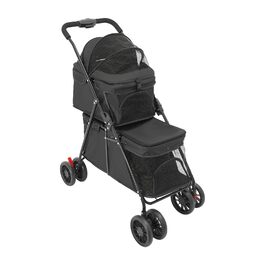 Двошаровий візок для домашніх тварин з сітчастим вікном, гальмом та сумкою для зберігання. Складаний двоярусний візок для собак та котів, вантажопідйомність 15-20 кг (Чорний)