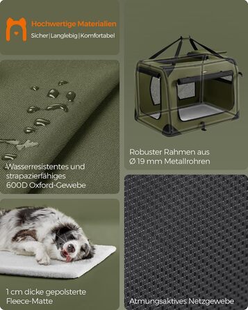 Складаний транспортний бокс для собак Feandrea XXL, сумка-переноска з оксфордської тканини, дихаюча сітка, металевий каркас, з ручками та кишенями, 91x63x63 см, зелений