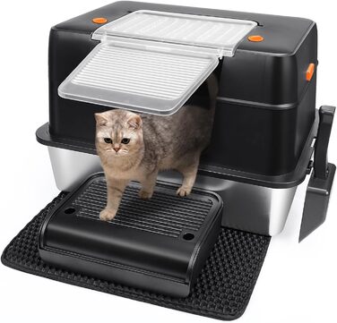 Vivifying котячий туалет з нержавіючої сталі XXL з кришкою, педаллю, совком і килимком, легке очищення, без запаху, чорний