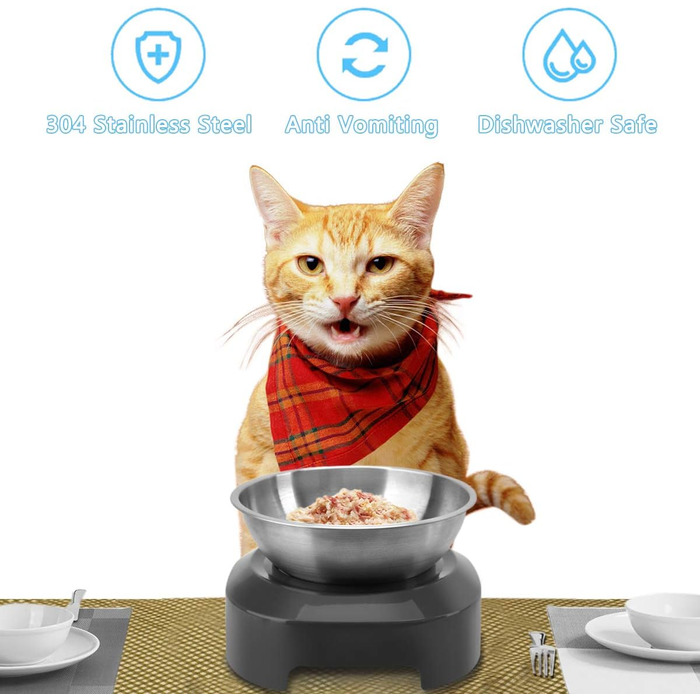 Підвищені годівниці для котів з нержавіючої сталі, набір 2 шт. (1 годівниця), антиковзні, для запобігання нудоти, миються в посудомийній машині