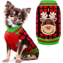 Теплий святковий пуловер для собак з отвором для шлейки, червоний в клітинку, олень. Підходить для малих, середніх та великих собак, котів. Ідеальний для осені та зими.
