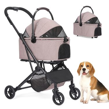 Візок для собак 2-в-1 з віднімним кошиком, складний візок для цуценят для собак та котів, 4 колеса з кишенькою для зберігання, візок для домашніх тварин з поворотними на 360° передніми колесами для подорожей на відкритому повітрі (колір кавовий)
