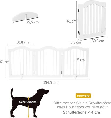 Складаний бар'єр для собак PawHut, 3-секційний, білий, 154,5×61 см, з дверцятами та опорами, огорожа для сходів і проходу