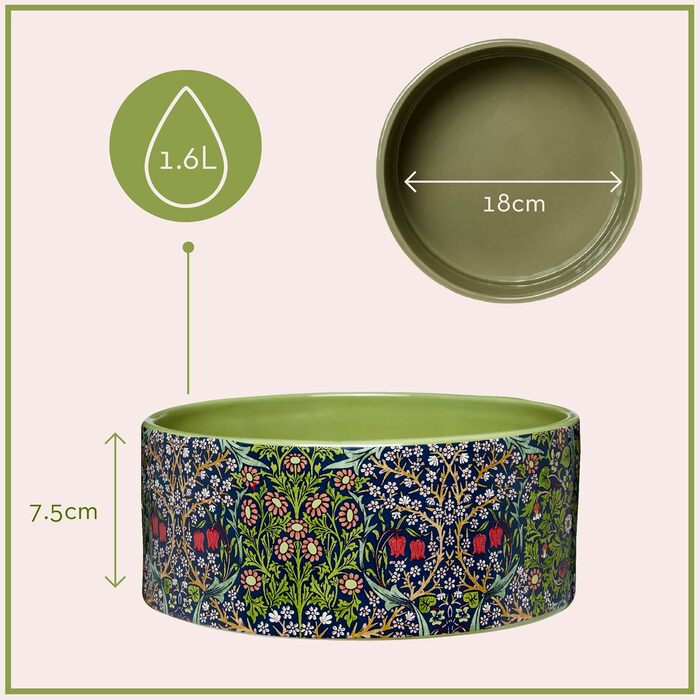 Миска для собак William Morris At Home, керамічна, повільна годівниця, запобігає розливанню, для миття в посудомийній машині, миска для води, чудовий подарунок для дому та любителів собак, розмір: 18,5 x 7,7 см