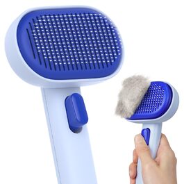 Щітка для котів Aumuca з кнопкою випуску шерсті, довговічна, для короткої та довгої шерсті, видаляє відмерле волосся та масажує (Блакитна)