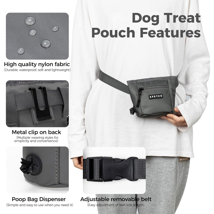Сумка для ласощів для собак з металевим кліпом для ременя, міцна застібка-магніт, велика місткість, диспенсер для пакетів для екскрементів (темно-сірий)