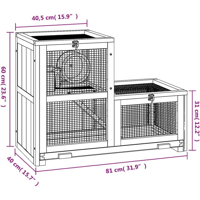 Клітка для хом'яків vidaXL 81x40x60 см, масивна деревина ялиці