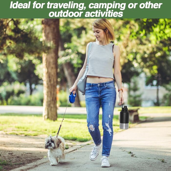 Водяна пляшка для собак на прогулянці, 950 мл, з мискою, ізольована, нержавіюча сталь, для подорожей та активного відпочинку