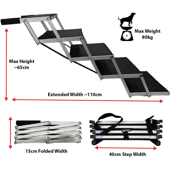 Складні сходи для собак з алюмінію, 5 сходин, вантажопідйомність 80 кг, антиковзне покриття, для автомобілів та SUV, чорний колір