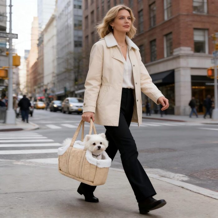 Транспортна сумка для собак, котів та цуценят. Миюча, складна, легка, з безпечною шнуркою та зручними ручками. Широке дно для комфорту (Бежевий)