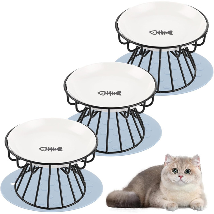 Набір мисок для котів VIDETOL (3 шт.) з підняттям, керамічні миски для корму з металевим підставкою та нековзною підкладкою, підходять для котів та собак