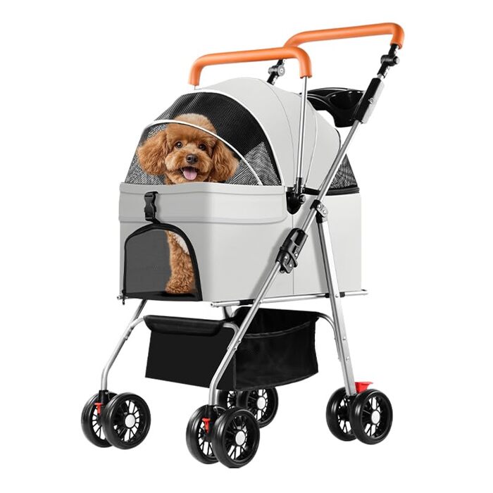 Візок для тварин Simcat: для собак та котів, складний, з гумовими колесами 360° (сірий)