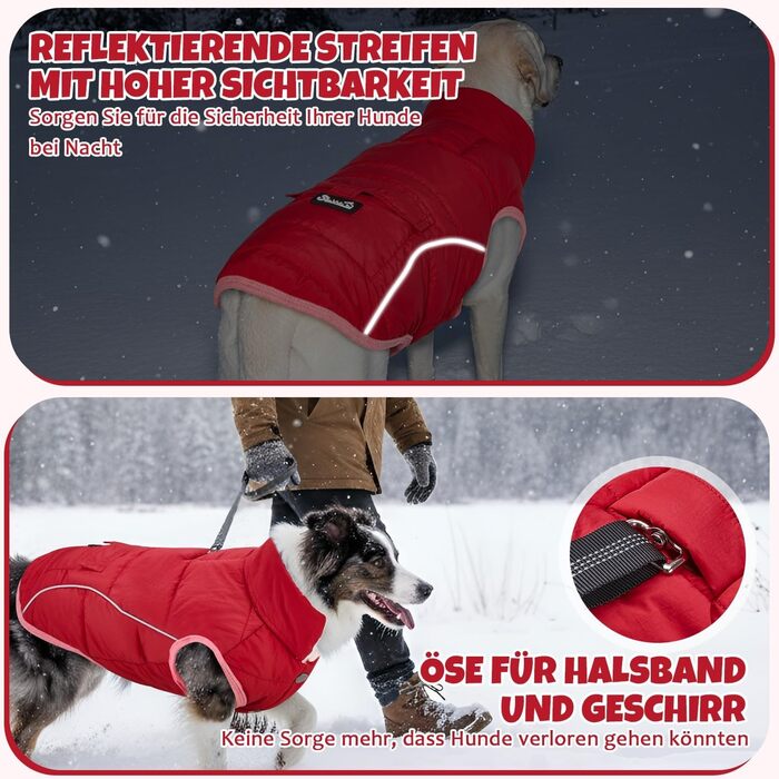 Зимовий теплий пуховик для собак - пуховик від снігу з відбиваючими смугами та кишенями, водовідштовхуючий, для маленьких та середніх собак (Червоний, M)