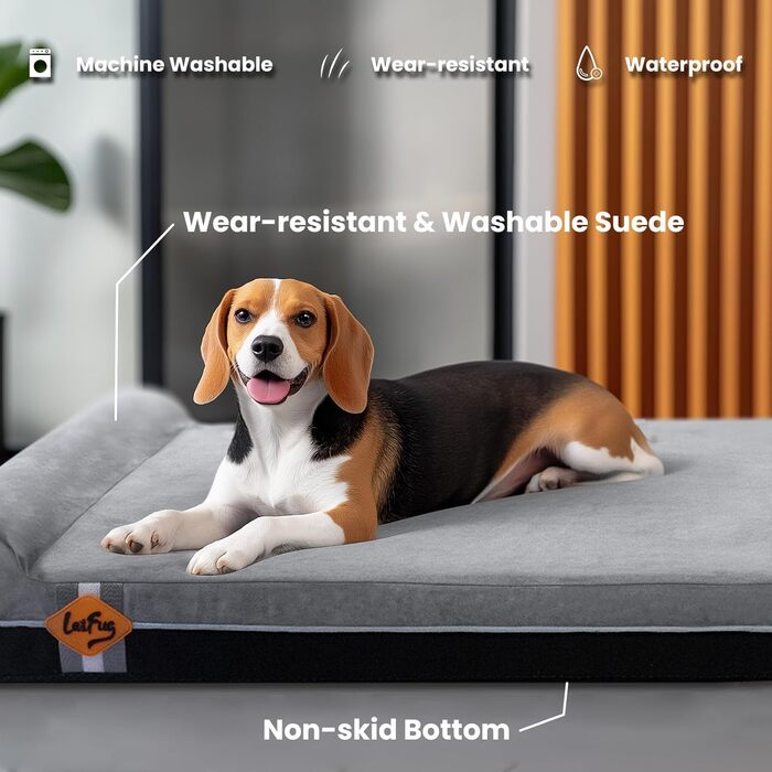 Ортопедичне ліжко для собак Laifug з Memory Foam, великого розміру, водонепроникний вкладиш, знімна наволочка (сірий сланець) (101 x 63 x 15 см)