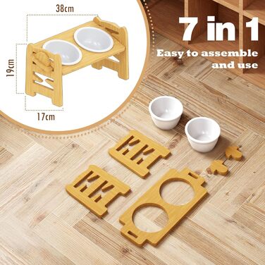 Підвищена годівниця для собак з підставкою, регульована висота, годівниця для маленьких собак та котів, міцна годівниця з бамбука з 2 керамічними мисками та килимком для тварин