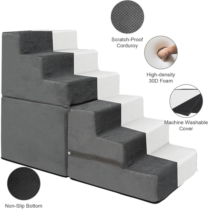 Сходинки для собак - 6-ступенева сходинка для високих ліжок, з високощільним пінопластом, неслизьке покриття, знімне та пральне покриття для собак