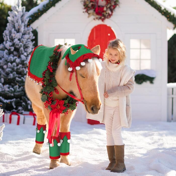 Набір з 6 шт. накладок на ноги для коня з штучним хутром, святкові, червоно-зелені, для декору та костюмів