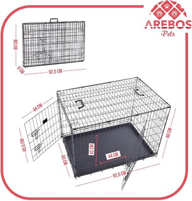 Клітка для собак Arebos | Транспортна переноска для собак, складана | Клітка-переноска для авто | Клітка для собак з 2 дверцятами | Чорна (92,5 x 60 x 66 см)