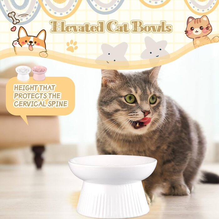 Підвищені миски для котів Layhit з кераміки, проти блювоти, повільне годування, для сухого та вологого корму, кошенята, 2 шт. (рожевий / білий)