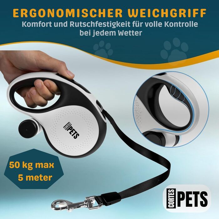 Висувна поводок для собак CORTESPETS® 5м - для малих та великих собак до 50 кг - високоякісна роликова поводок з зручним ручним захопленням (білий, L, 5м, до 50кг)