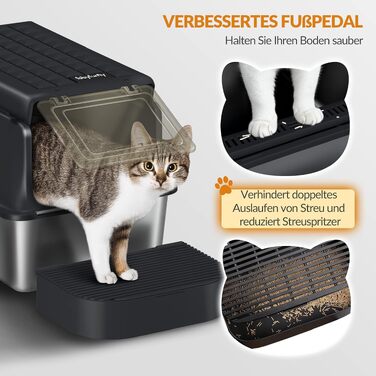 Лоток для котів із нержавіючої сталі XXL, великий туалет для котів 60x40x38,5 см, чорний