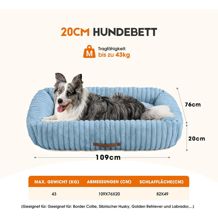 Ортопедичний лежак для собак великих порід, лежанка для собак, м'яка, з підголовником, знімний килимок, з ручками, блакитний, 109 x 76 x 20 см, XL