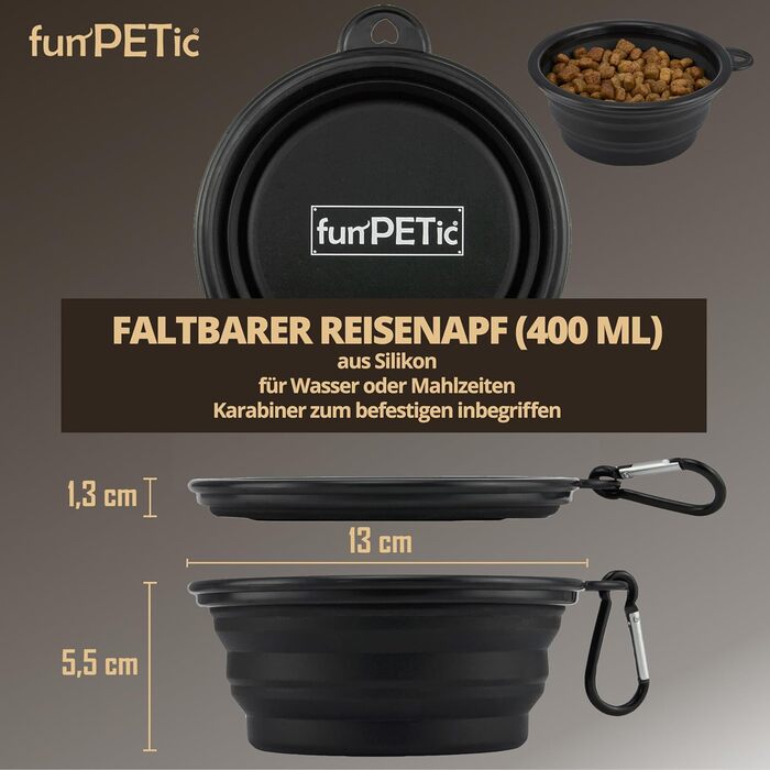 Набір для годування тварин funPETic: сумка для ласощів та складна миска з силікону. Сумка для корму з 4 відділеннями, варіанти носіння, карабін у подарунок. Ідеально для собак, коней та дресирування.