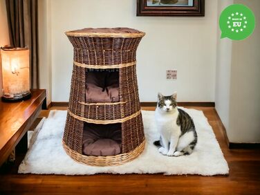 Корзина для котів для сну – котяча хатинка для дому – розмір 43 x 49 x 70 см, кругла – котяча печера з лози, трирівневе ліжко для собак або котів з пральними подушками в бежевому кольорі – лакована корзина (коричневі подушки)