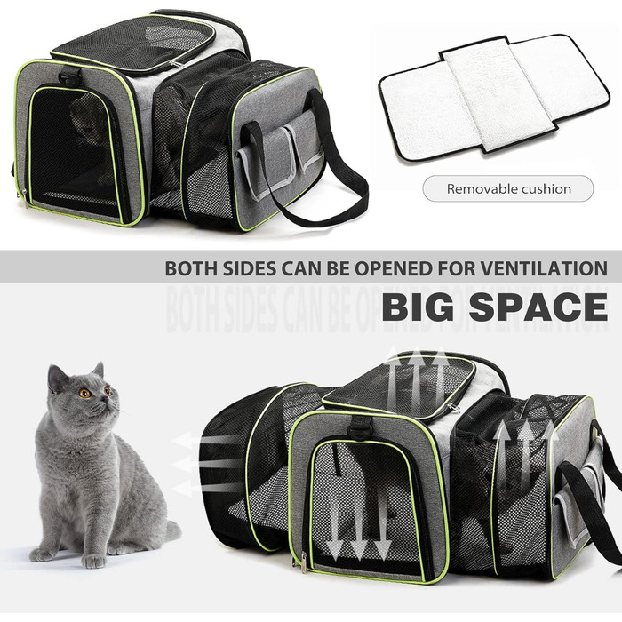 PETCUTE Транспортна сумка для кота, розкладна, з м'яким флісовим ліжком, 2 сторони відкривання, дихаюча сумка-переноска для кота з бічними кишенями, схвалена авіакомпаніями, світло-сіра, M