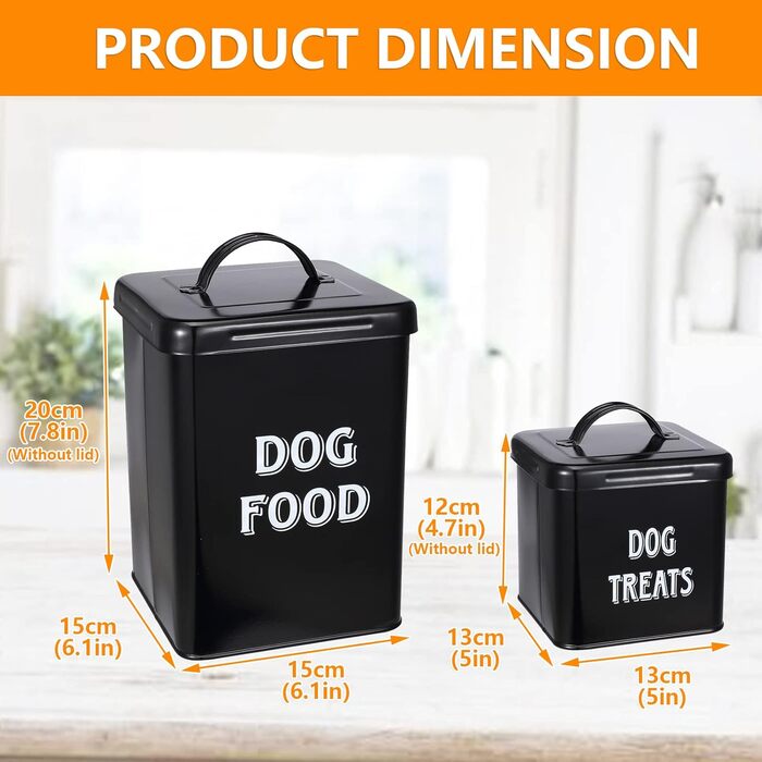 Контейнер для корму Morezi (2 шт.): сталь, з кришкою, ложка. Підходить для корму собак, котів та інших тварин. Білий/Чорний
