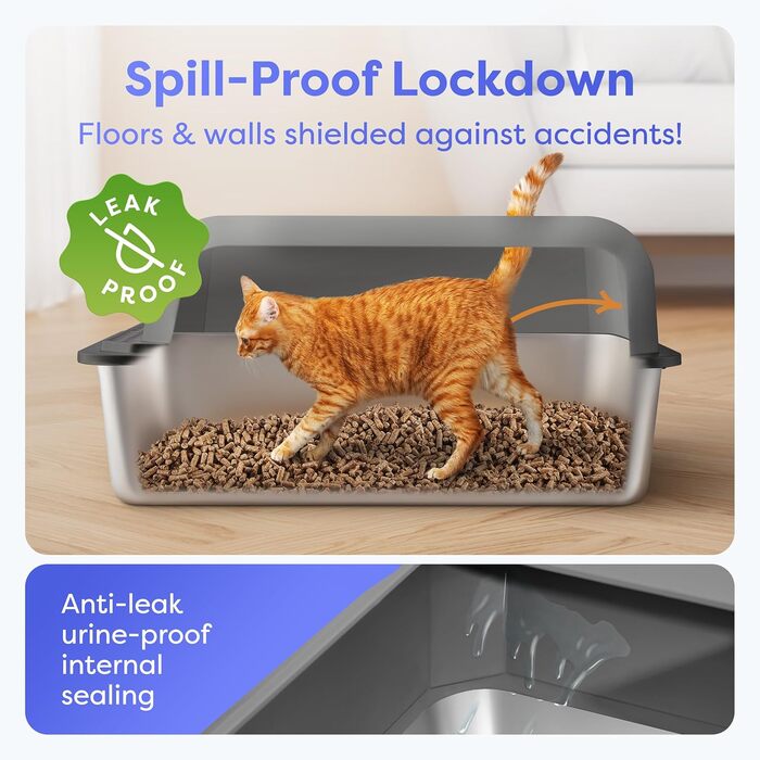 OHM Pets XL Лоток для котів з нержавіючої сталі 20 л – антипригарний, велика котяча туалетна коробка, металевий лоток із високими бортами, лопатка та піддон у комплекті, не іржавіє, не протікає