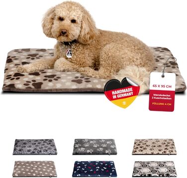 Лежак для собак HS-Hundebett® M 65x95 см, двосторонній, зручний, з 3 см наповнювачем, для дивану, авто та клітки, бежевий з лапкою, вироблено в Німеччині