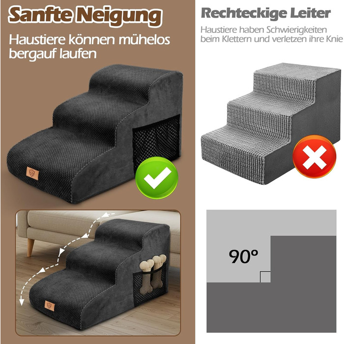 Сходинка для собак Eukue 3 сходинки, для маленьких собак та котів, портативна рампочка для ліжка та дивану, з високощільним шаром піни та чохлом, чорного кольору