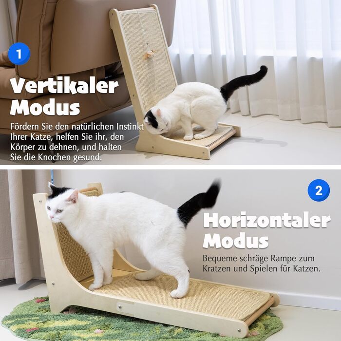 PETKARAY Котяче дряпальний борд з сизалю, 66 см, L-подібний, 105° вертикальна поверхня для дряпання, з іграшками, для стіни та кута
