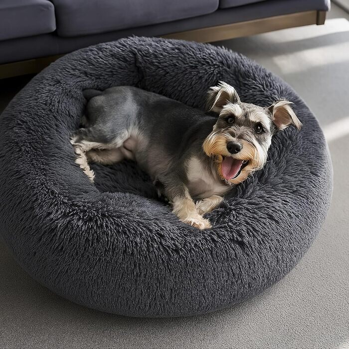 Затишне ліжко для собак у вигляді пончика, м'який плюш, кругле ліжко для котів, зручне, м'яке, можна прати, подушка, самонагріваюче ліжко для тварин з антиковзним дном, місце для сну та відпочинку (50 x 50 x 20 см, темно-сірий)