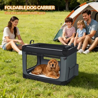 Транспортна переноска для собак Fobyfurny, сіра, 60x42x42 см, 60 л, знімний килимок, світловідбиваючі смуги, кишені, Oxford-Gewebe, FPDT005OG1