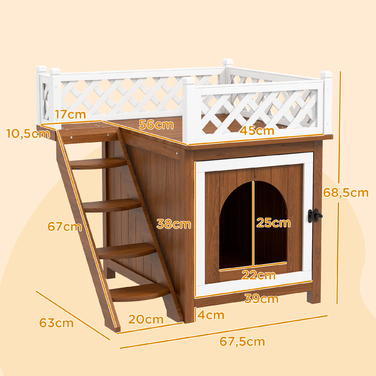 PawHut Cat Cave, Котячий будиночок з ялинового дерева, Котячий будиночок з балконом, Сходи, для кішок, Кролики до 6 кг, Кімнатний, Відкритий 67.5 x 63 x 68.5 см, Коричневий | Аосом