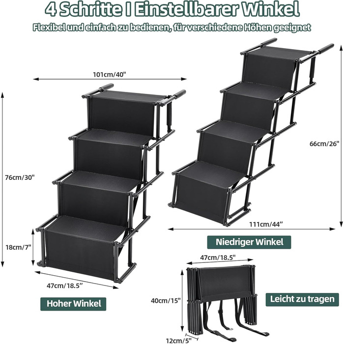 Сходинки для собак: портативна пандус для авто, 4 сходинки, чорний, до 80 кг