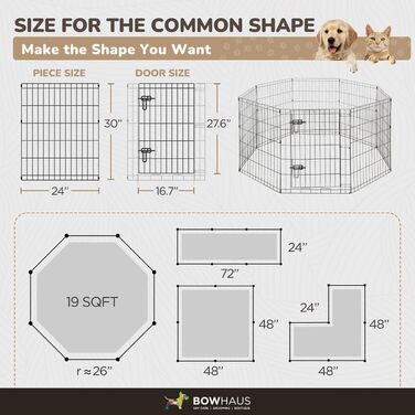 BOWHAUS Розкладний вольєр для собак (8 панелей), металевий, для дому та вулиці, 76.2 см