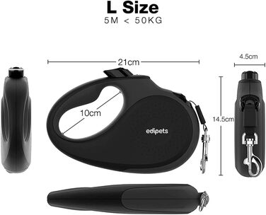 Hundeleine Edipets висувна та звичайна, 5 м, 360° без переплутування, нейлон, для маленьких, середніх та великих собак (Чорний, L)