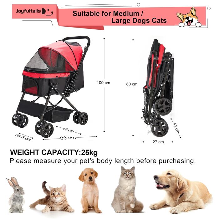 Складаний візок для собак та котів до 20 кг, червоний