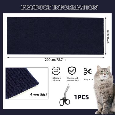 Килимок для дряпання котів, 200х40 см, темно-синій, на стіну, килимок для кігтів