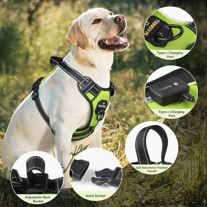 Нашийник для собак Masbri з підсвічуванням, регульований, світловідбиваючий, з ручкою, м'який, світловідбиваючий, для собак середніх та великих порід, чорно-білий, TC3005B, чорно-білий (L, зелений)