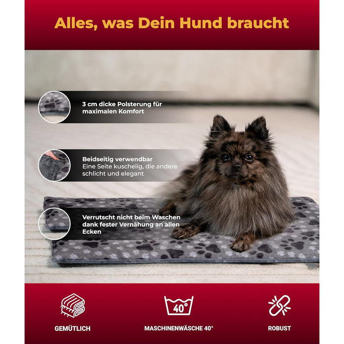 Лежак для собак HS-Hundebett® S 55x75 см, двосторонній, м'який, сірий з лапкою, для дивану, авто і клітки, 3 см наповнювач, вироблено в Німеччині